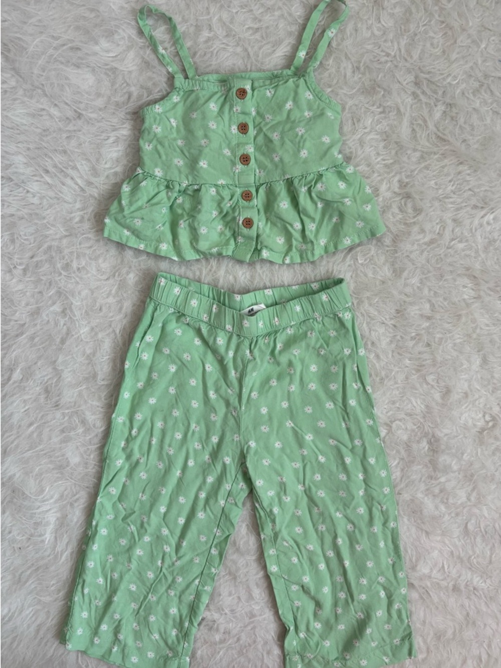 H&M Girls Cottagecore Light Green Floral Cropped Tank & Flare Pants Set